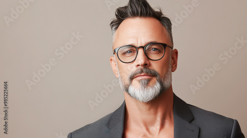 A stylish man with glasses, gray beard, and confident expression wears a dark blazer, posing against a neutral background.