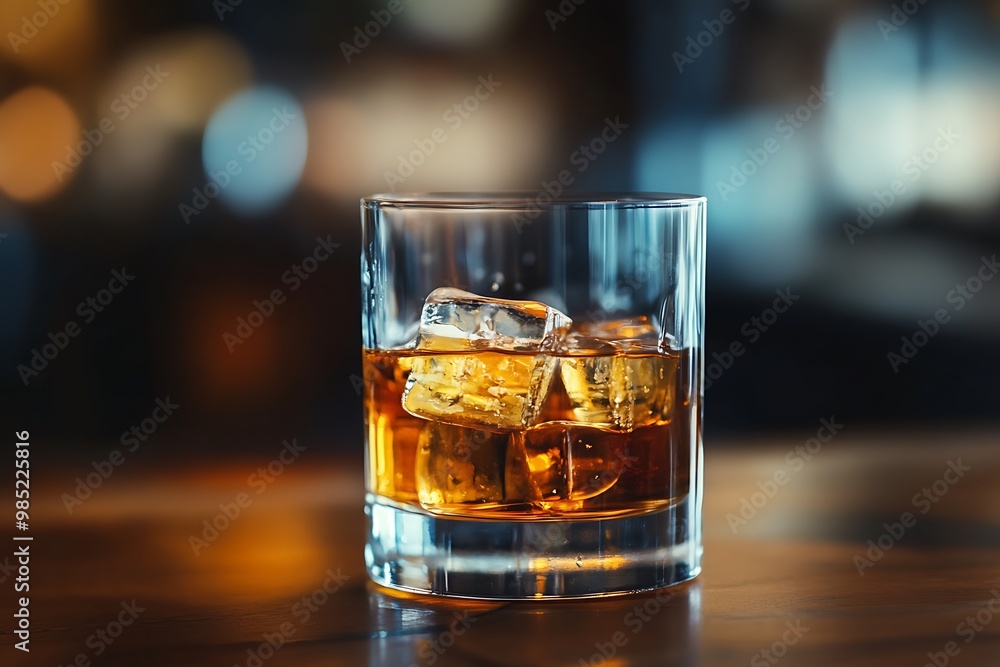 Whiskey on the Rocks in a Glass on a Bar Counter Whiskey on the Rocks in a Glass on a Bar Counter