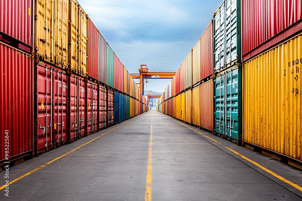 Fototapeta premium Shipping containers stacked in rows at a busy port, global trade and logistics concept