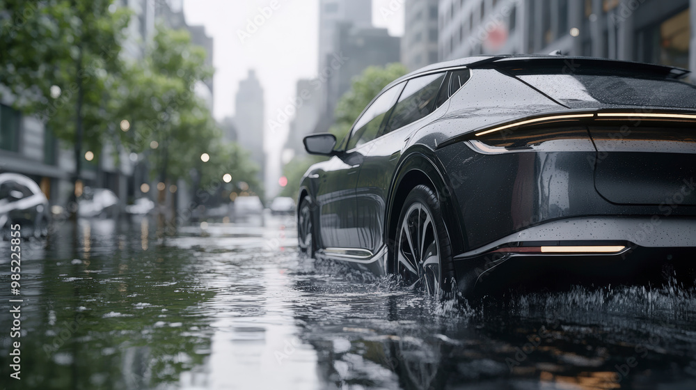 A sleek car driving through a flooded city street during a rainy day, reflecting urban resilience and modern design. A sleek car driving through a flooded city street during a rainy day, reflecting urban resilience and modern design.