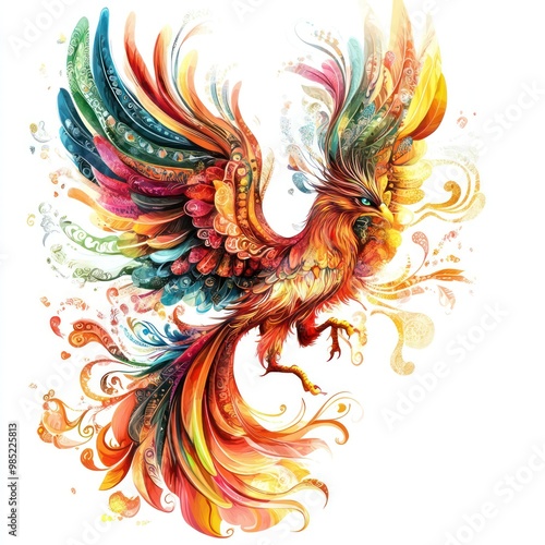 A mythical wild animal like a phoenix, isolated on white, showing vivid colors and fantastical elements