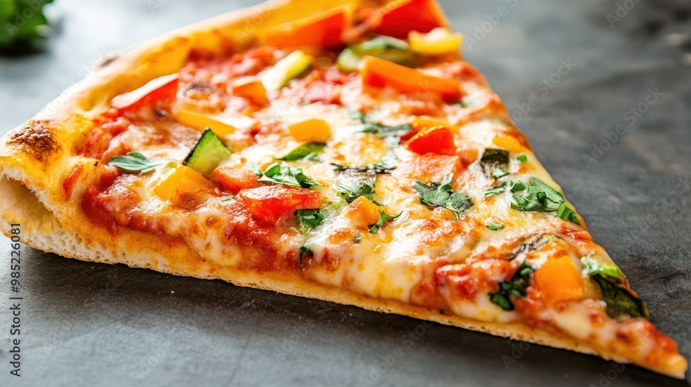 A slice of pizza with extra cheese and vegetables, isolated from background, showcasing the fresh toppings A slice of pizza with extra cheese and vegetables, isolated from background, showcasing the fresh toppings