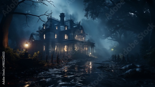 Eerie mist envelops the haunted mansion. Halloween concept for haunted house attraction, photography studio, tour company.
