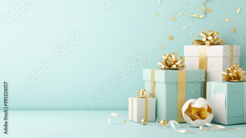 A collection of elegantly wrapped gifts with golden ribbons and bows, set against a soft pastel background with scattered confetti.