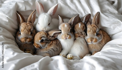 Cozy gathering of adorable baby bunnies snuggling on a soft white bed photo