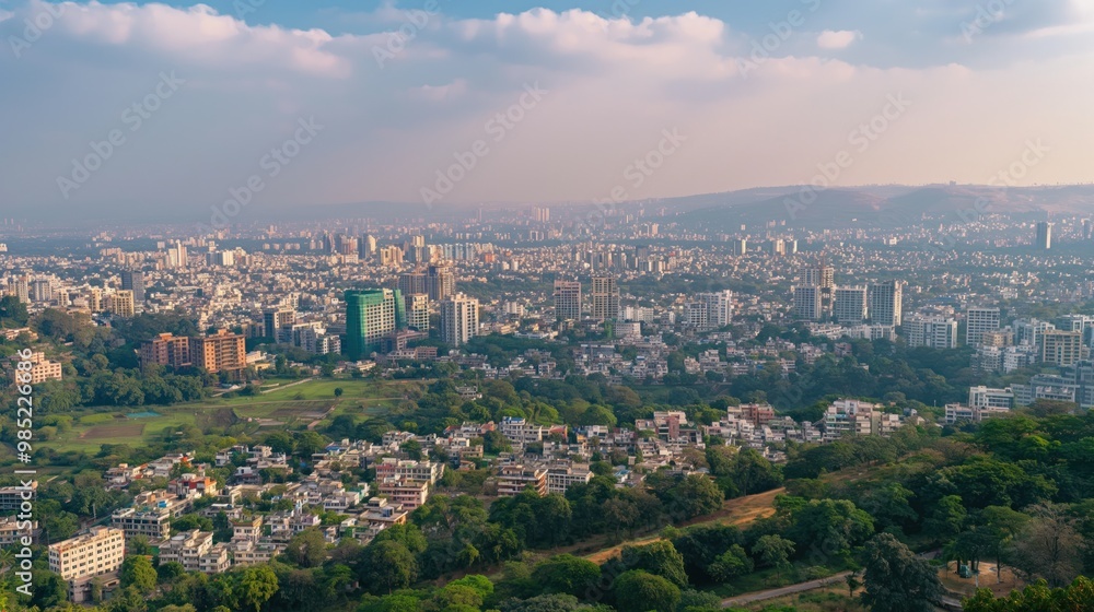 Fototapeta premium Cityscape of Pune, Maharashtra, India from above. Modern skyscrapers, buildings stand in urban landscape. Foggy, hazy atmosphere with smog. Trees, plants in foreground. City downtown area with busy