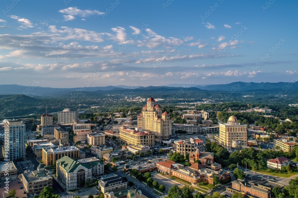 Fototapeta premium Aerial shot of Roanoke cityscape in Virginia. Urban landscape with diverse architecture styles. Scenic view of building structures, trees, plants. Daytime scene with sunlight casting shadows. City