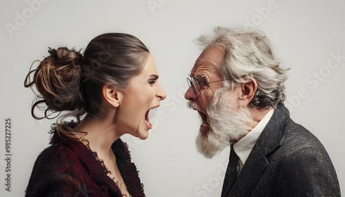 Mid aged couple yelling at each other. photo