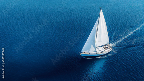 A sailboat gracefully glides across the deep blue sea, with its white sails catching the wind under a clear sky.