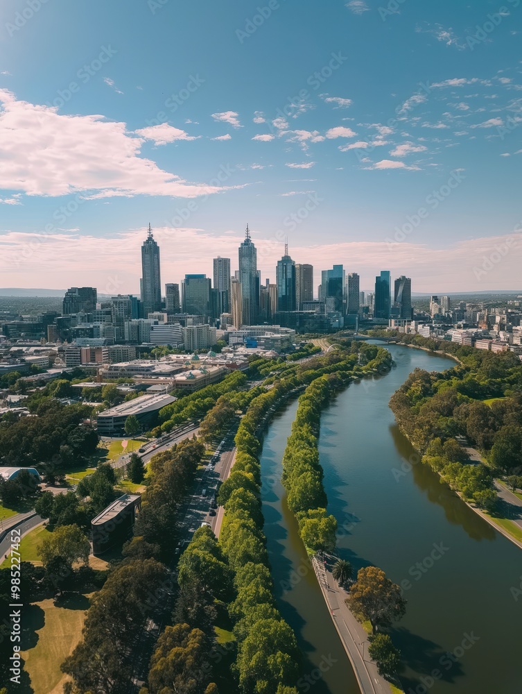 Fototapeta premium Melbourne cityscape with river and green trees on sunny day. Drone vertical shot captures skyscrapers and bridge. Green plants and water blend in urban landscape.