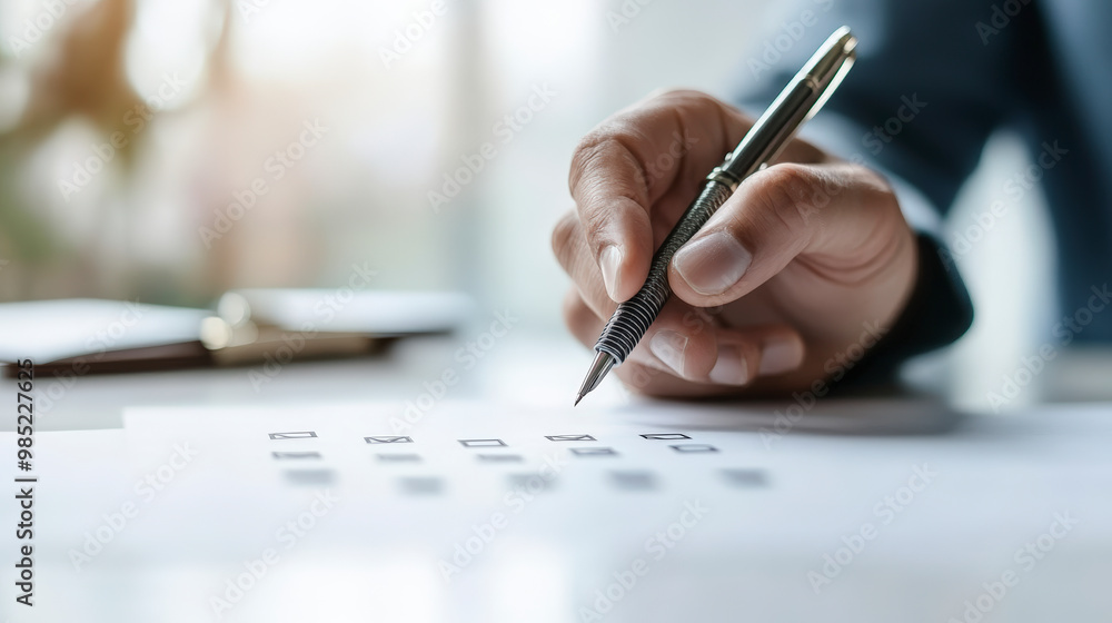 A person marks a checkbox on a form with a pen, suggesting the completion of a survey or application in a professional setting. A person marks a checkbox on a form with a pen, suggesting the completion of a survey or application in a professional setting.