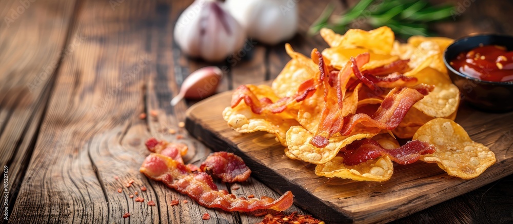 Potato Crisps With Backon Flavour With Grilled Bacon Rashers On Vintage Chopping Board With Garlic And Sauce On Wood Background Potato Crisps With Backon Flavour With Grilled Bacon Rashers On Vintage Chopping Board With Garlic And Sauce On Wood Background