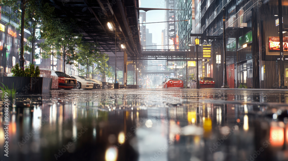 Rainy city street at night, with reflections on the wet pavement, illuminated by vibrant urban lights and a few cars parked along the road.