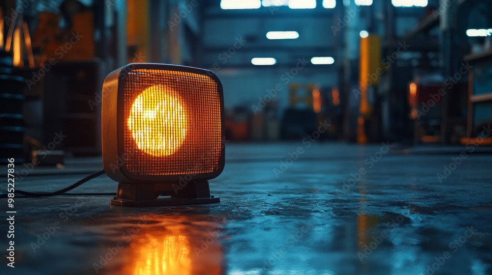 Industrial portable heater on a wet floor in a dimly lit workshop