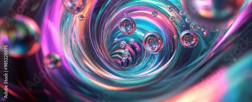 Neon Spiral Wave with Glossy Bubbles