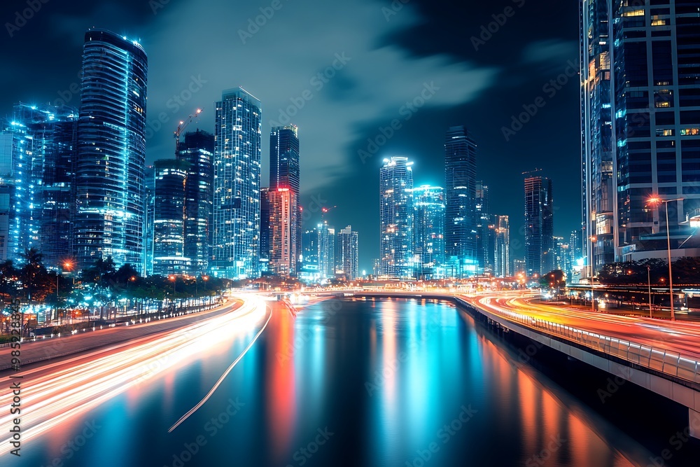 Obraz premium Night cityscape with bright city lights reflecting on the river, long exposure shot