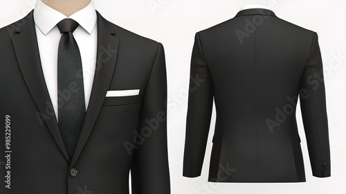 Black Suit with White Shirt and Tie - Front and Back View photo