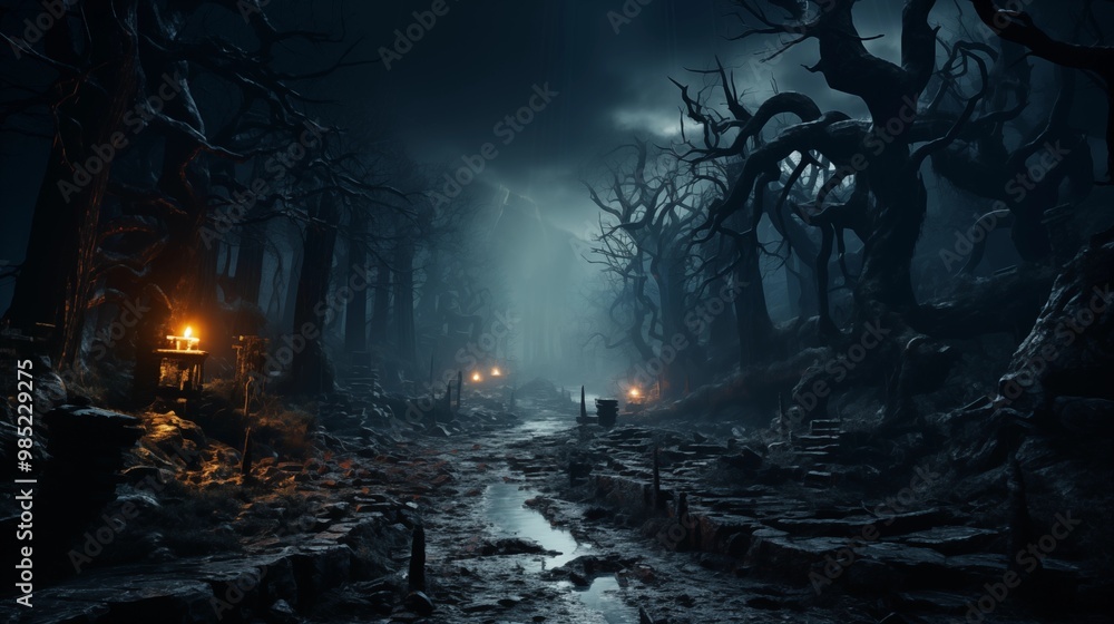 Mysterious forest with a moonlit path fog and a Halloween backdrop hint Mysterious forest with a moonlit path fog and a Halloween backdrop hint