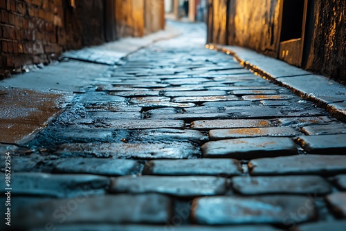 Cobblestone alleyway, perspective shot, wet, blue, stone, historic