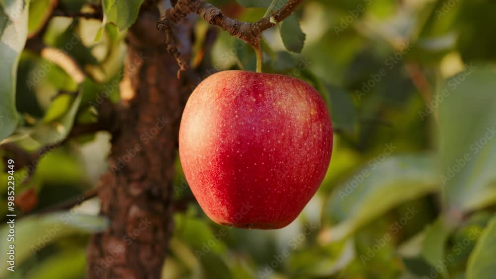 Fresh and juicy organic ripe red apple ready for harvest in apple plantation orchard, hanging on branch with green leaves, close up shot, slow motion Fresh and juicy organic ripe red apple ready for harvest in apple plantation orchard, hanging on branch with green leaves, close up shot, slow motion