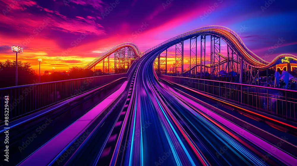 Obraz premium Rollercoaster Track at Sunset - Illustration