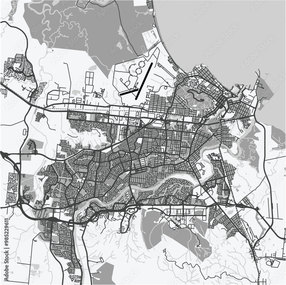Obraz premium Map of Townsville in Australia in grayscale. Contains layered vector with roads water, parks, etc.