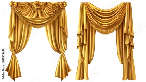 Golden curtains with tassels and decorative rosettes. photo