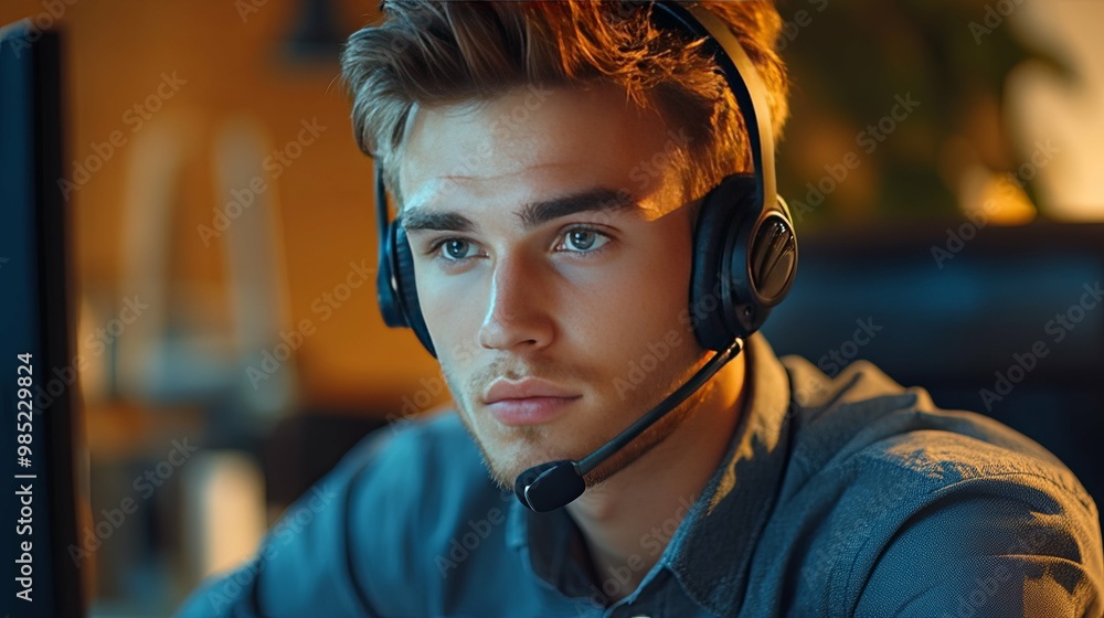Young Man Wearing Headphones and Microphone Looking at Computer Screen Young Man Wearing Headphones and Microphone Looking at Computer Screen
