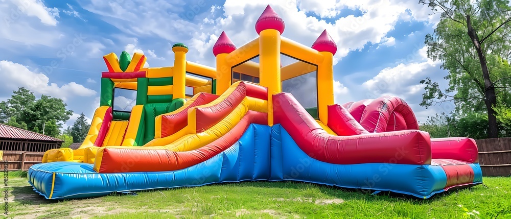 Inflatable bounce house water slide in backyard. Inflatable bounce house water slide in backyard.