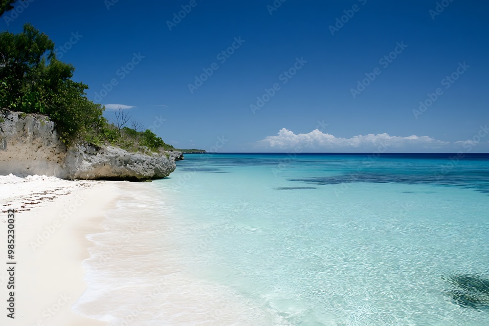 Obraz premium Tropical beach with white sand and crystal clear turquoise water on a sunny day