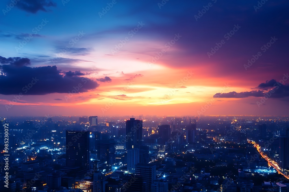 Obraz premium Vibrant Sunset Over Urban Skyline with City Lights