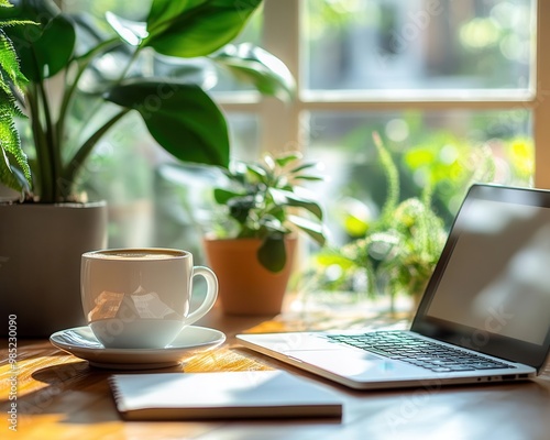 Home office setup with a laptop, coffee, and notebooks, minimalist style, sharp focus, bright lighting, high detail