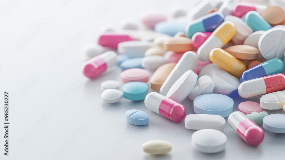 A variety of colorful pills and capsules scattered on a white surface, representing different types of medications or supplements. A variety of colorful pills and capsules scattered on a white surface, representing different types of medications or supplements.