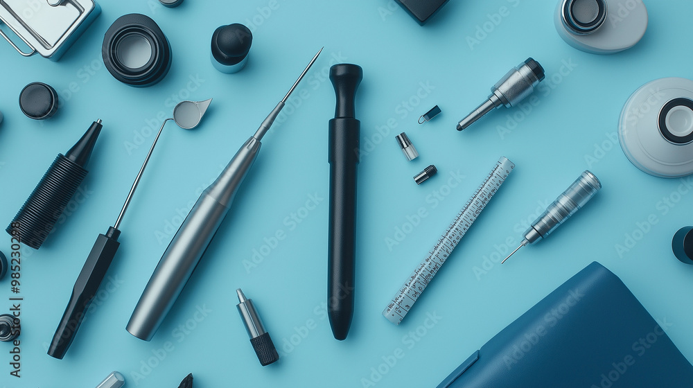 An otoscope lying on a clean surface next to other small diagnostic tools An otoscope lying on a clean surface next to other small diagnostic tools