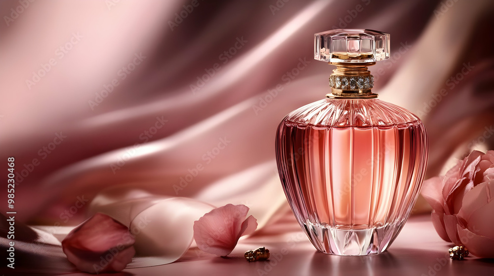 Perfume Bottle with Pink Flowers and Silk Fabric - Realistic Image Perfume Bottle with Pink Flowers and Silk Fabric - Realistic Image