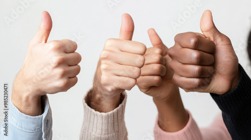 Four people giving a thumbs-up, showcasing a gesture of approval and unity with their hands against a neutral background.