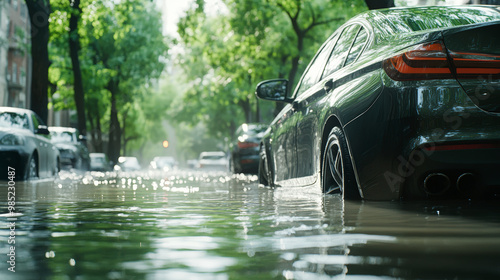 A car is parked on a flooded street surrounded by trees and other vehicles, indicating recent heavy rainfall.