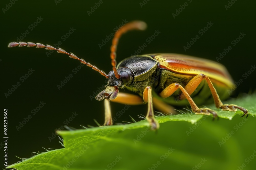 Vibrant green insect with yellow head and wings rests on a rich green leaf. Striking yellow and black body, red antennae, and whisker-like protrusions. Close-up shot from slightly elevated angle. Vibrant green insect with yellow head and wings rests on a rich green leaf. Striking yellow and black body, red antennae, and whisker-like protrusions. Close-up shot from slightly elevated angle.