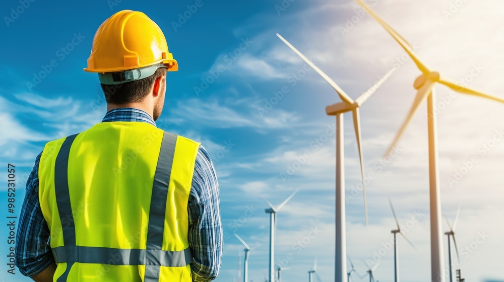 Engineer Inspecting Wind Turbine on Renewable Energy Site Engineer Inspecting Wind Turbine on Renewable Energy Site