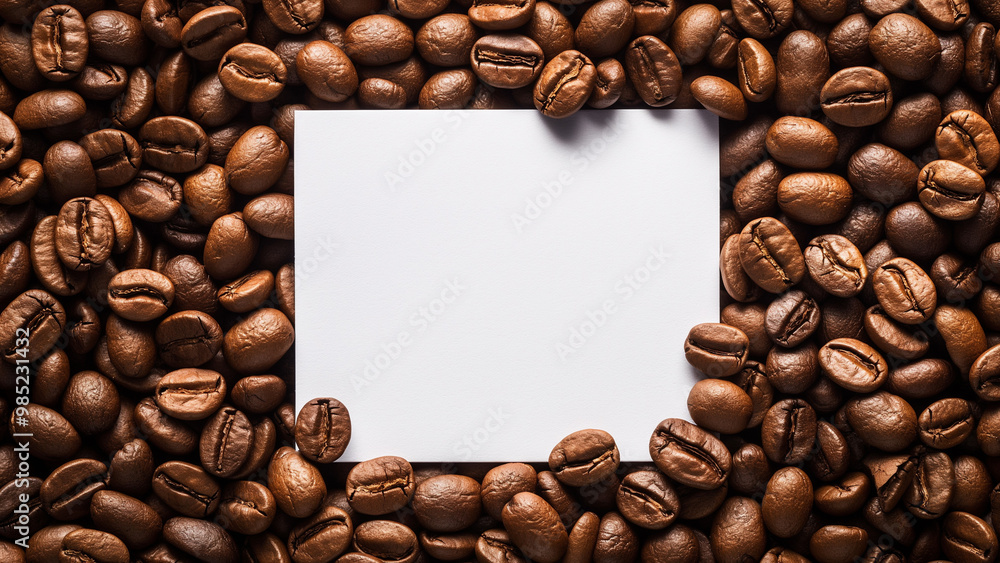 Top view of coffee beans with a blank white card in the center, ideal for coffee branding and promotional visuals. Top view of coffee beans with a blank white card in the center, ideal for coffee branding and promotional visuals.