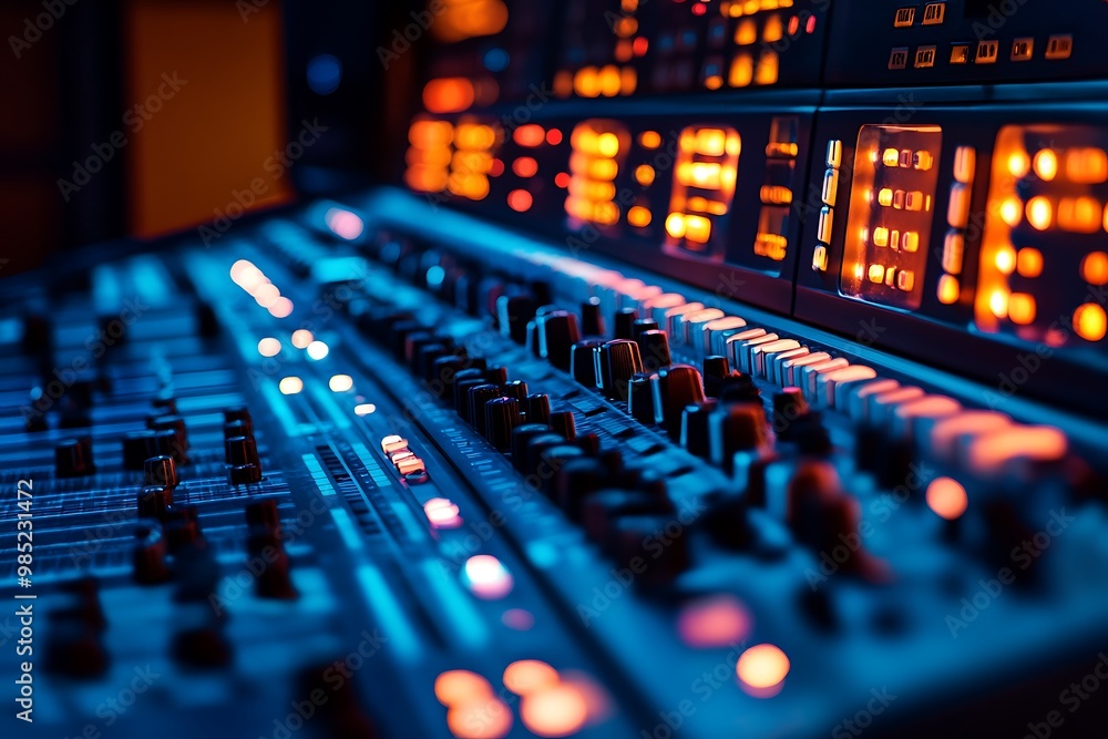 Close up of a Soundboard with Faders and Knobs in a Recording Studio Close up of a Soundboard with Faders and Knobs in a Recording Studio