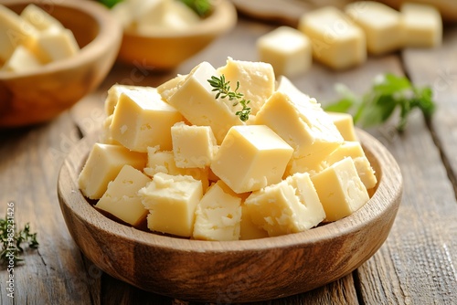 Fresh Paneer Cheese Cubes in a Wooden Bowl with Thyme