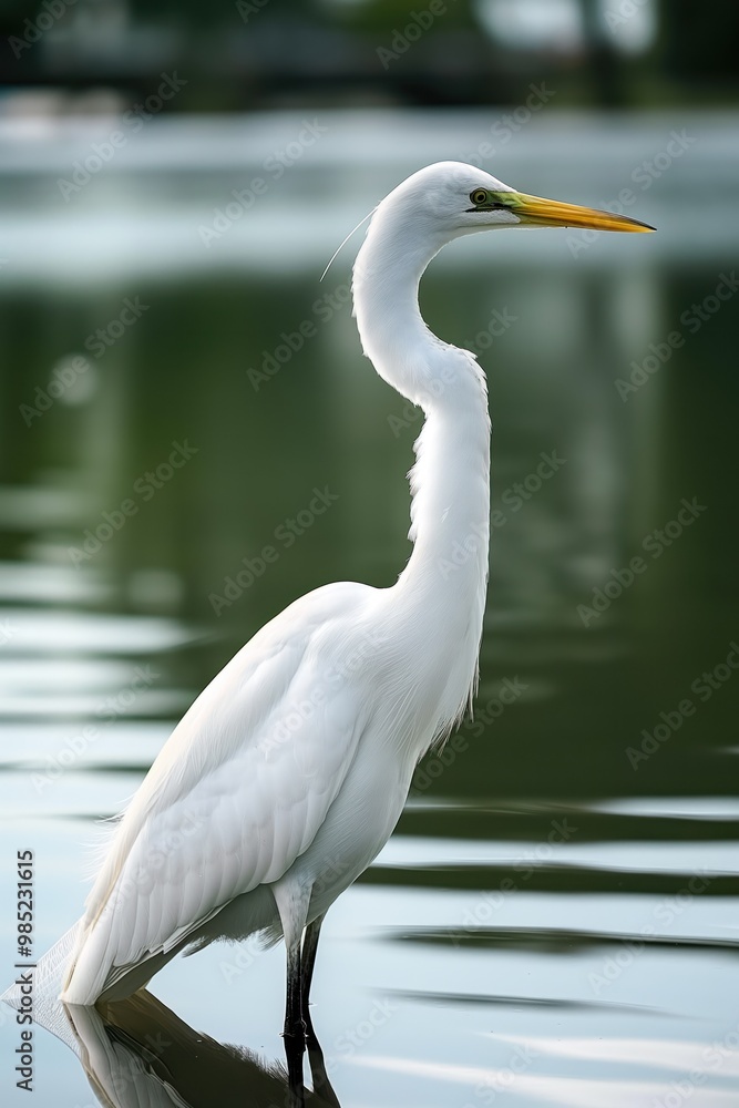 White heron stands on calm lake, long neck extended upwards, head turned left. Rich green landscape surrounds lake with trees in distance. Heron body oriented to right, legs firmly on water surface. White heron stands on calm lake, long neck extended upwards, head turned left. Rich green landscape surrounds lake with trees in distance. Heron body oriented to right, legs firmly on water surface.