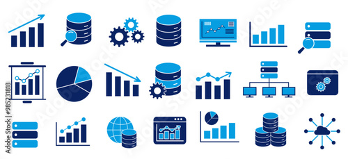 data analytics and big data icon set eps. vector big data analysis symbol reflecting  statistics, analytics, data base, server, data center, research, growth, data maintain etc concept