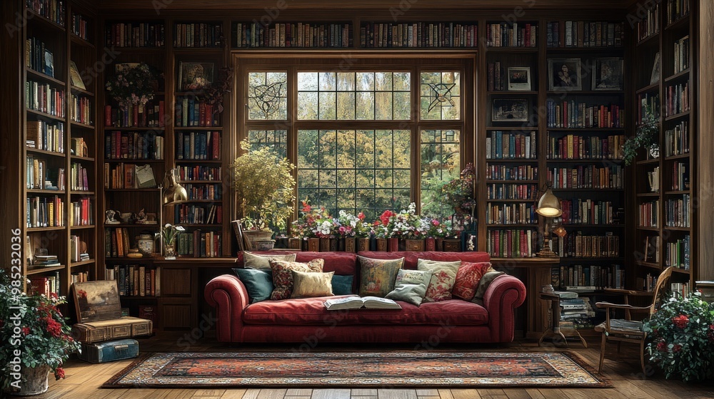 Cozy library with a red sofa, books, and vibrant flowers. Cozy library with a red sofa, books, and vibrant flowers.