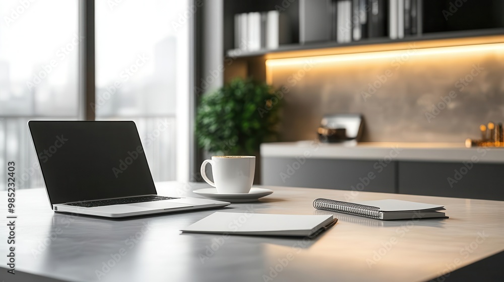 Office desk with a laptop, coffee, and notebooks, minimalist style, close-up, bright lighting, sharp focus Office desk with a laptop, coffee, and notebooks, minimalist style, close-up, bright lighting, sharp focus