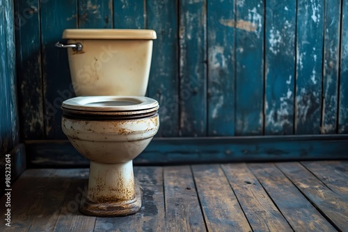 Old, rusty toilet in an abandoned bathroom with peeling blue paint