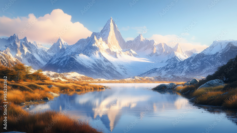 Serene mountain landscape with a clear lake reflecting snow-covered peaks under a bright blue sky, surrounded by golden autumn foliage. Serene mountain landscape with a clear lake reflecting snow-covered peaks under a bright blue sky, surrounded by golden autumn foliage.