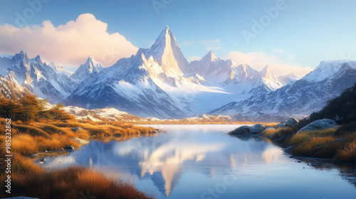 Wallpaper Mural Serene mountain landscape with a clear lake reflecting snow-covered peaks under a bright blue sky, surrounded by golden autumn foliage. Torontodigital.ca