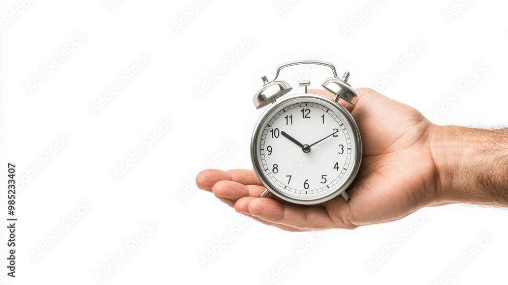 A hand holds a silver analog alarm clock, showing the time as 10:10, against a plain white background. A hand holds a silver analog alarm clock, showing the time as 10:10, against a plain white background.
